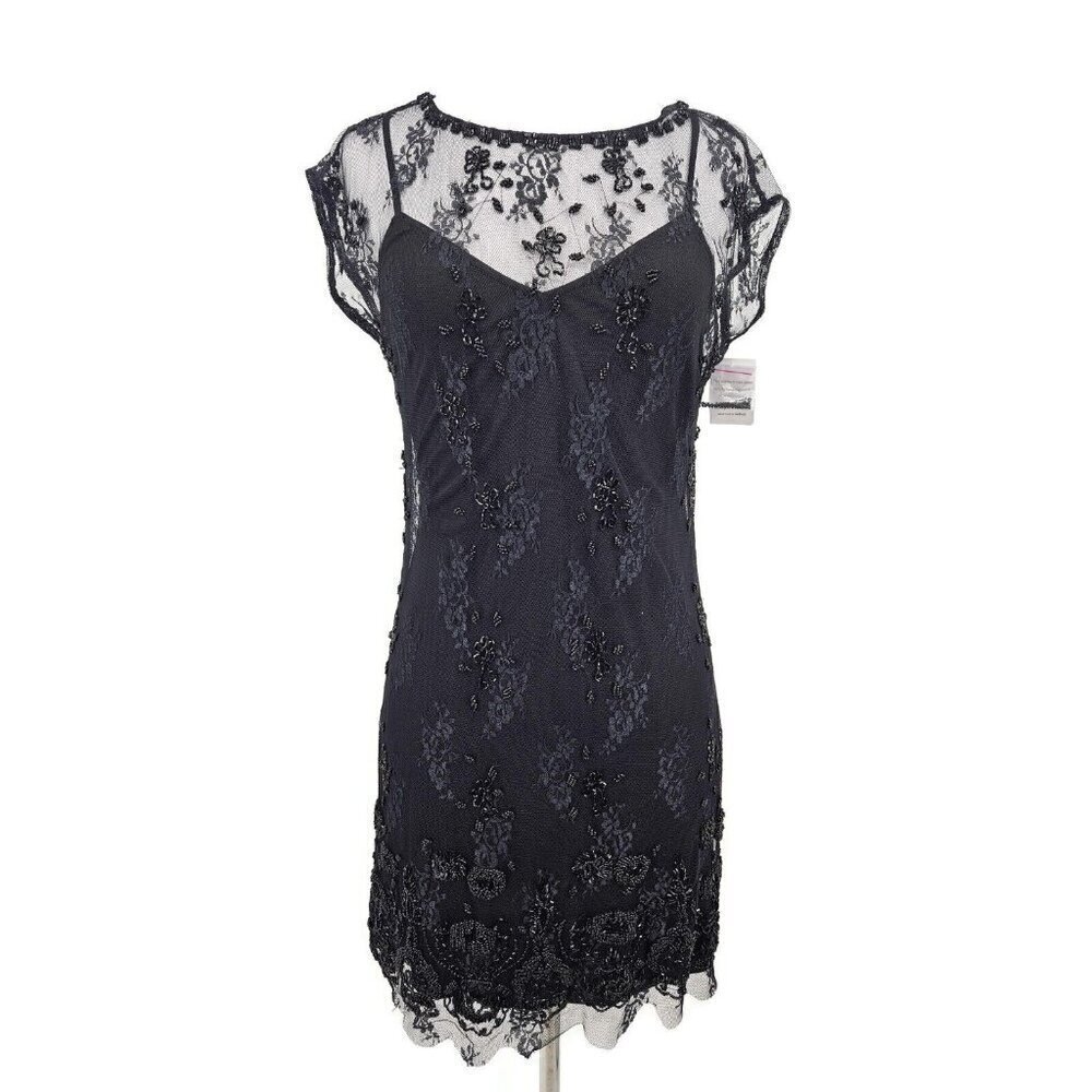 New Jean Louis Scherrer Mini Dress Womens M Black Lace Beaded